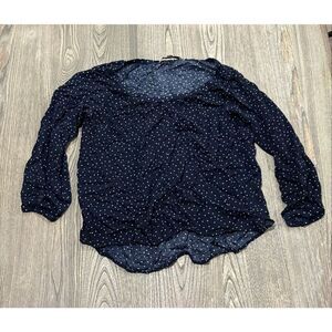 Ann Taylor LOFT Blouse Top Heart Print Long Sleeve Round Neck Navy White Size M